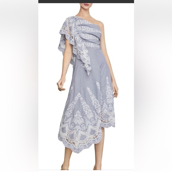 BCBG MaxAzria Striped Crochet Blue one shoulder Size 2 eyelet NWT - Picture 1 of 10